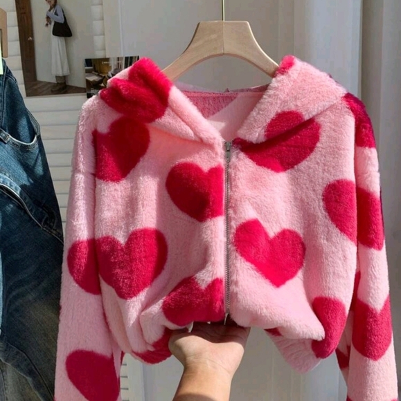 Women's Heart Pattern Fleece Hooded Casual Jacket For Fall/Winter - Picture 5 of 7